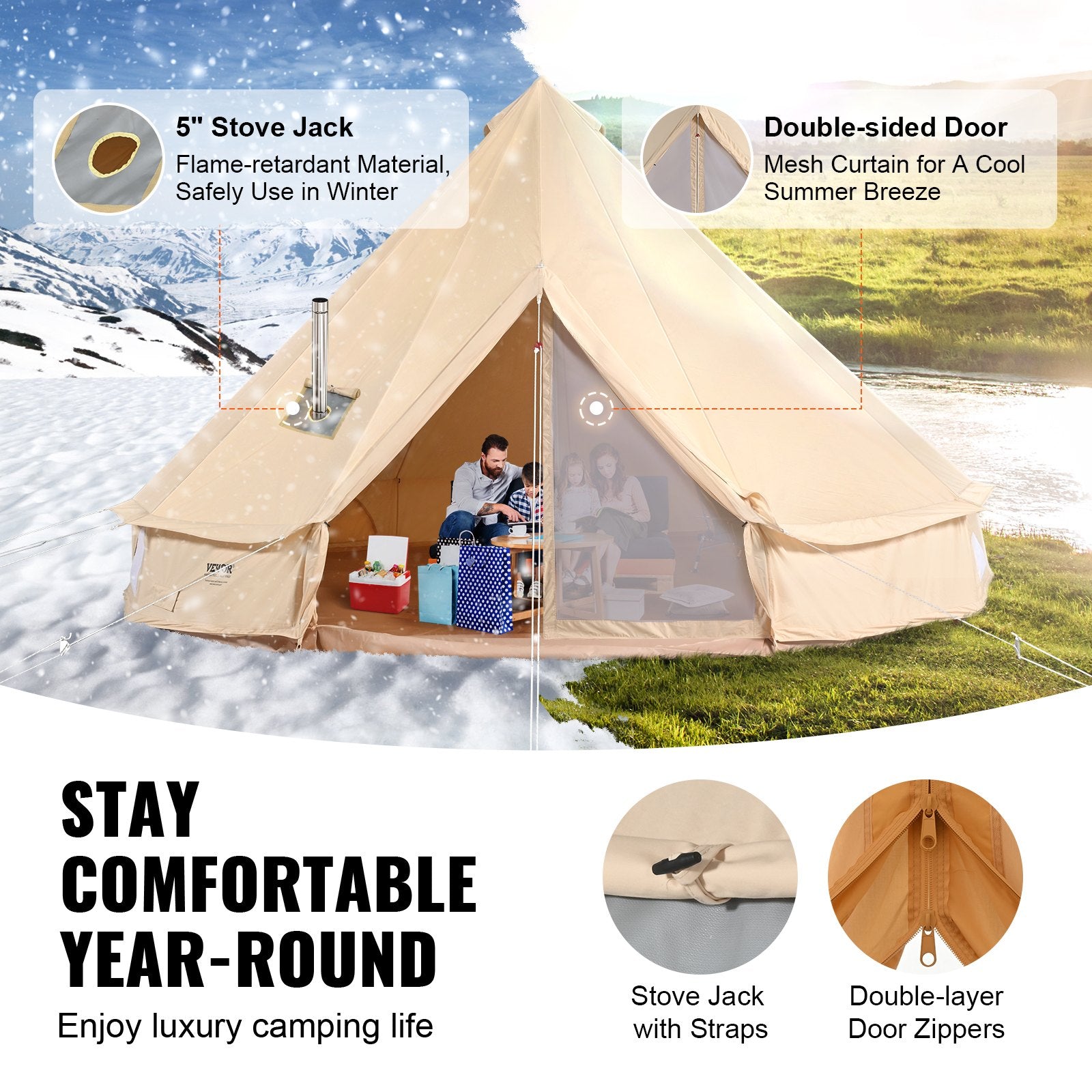 VEVOR Canvas Bell Tent 3m/9.8ft 4-Season Canvas Tent for Camping with Stove Jack