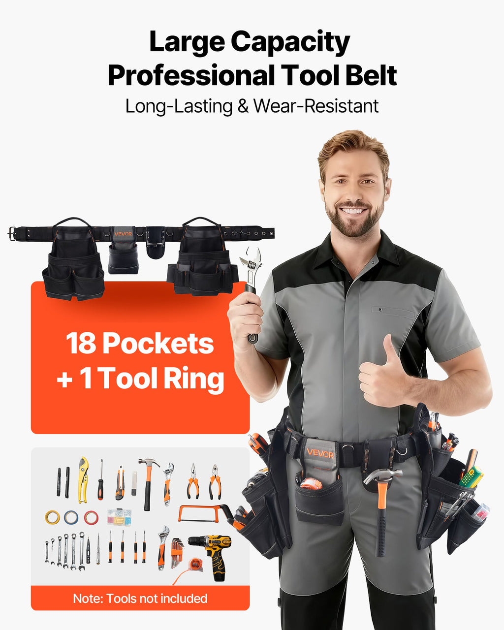 VEVOR Tool Belt, 18 Pockets Professional Tool Pouch for Men, Heavy Duty Adjustable Utility Belt Detachable Work Bag for Electrician, Carpenter, Construction, Work Apron Organizer, Adjusts 80-131 cm
