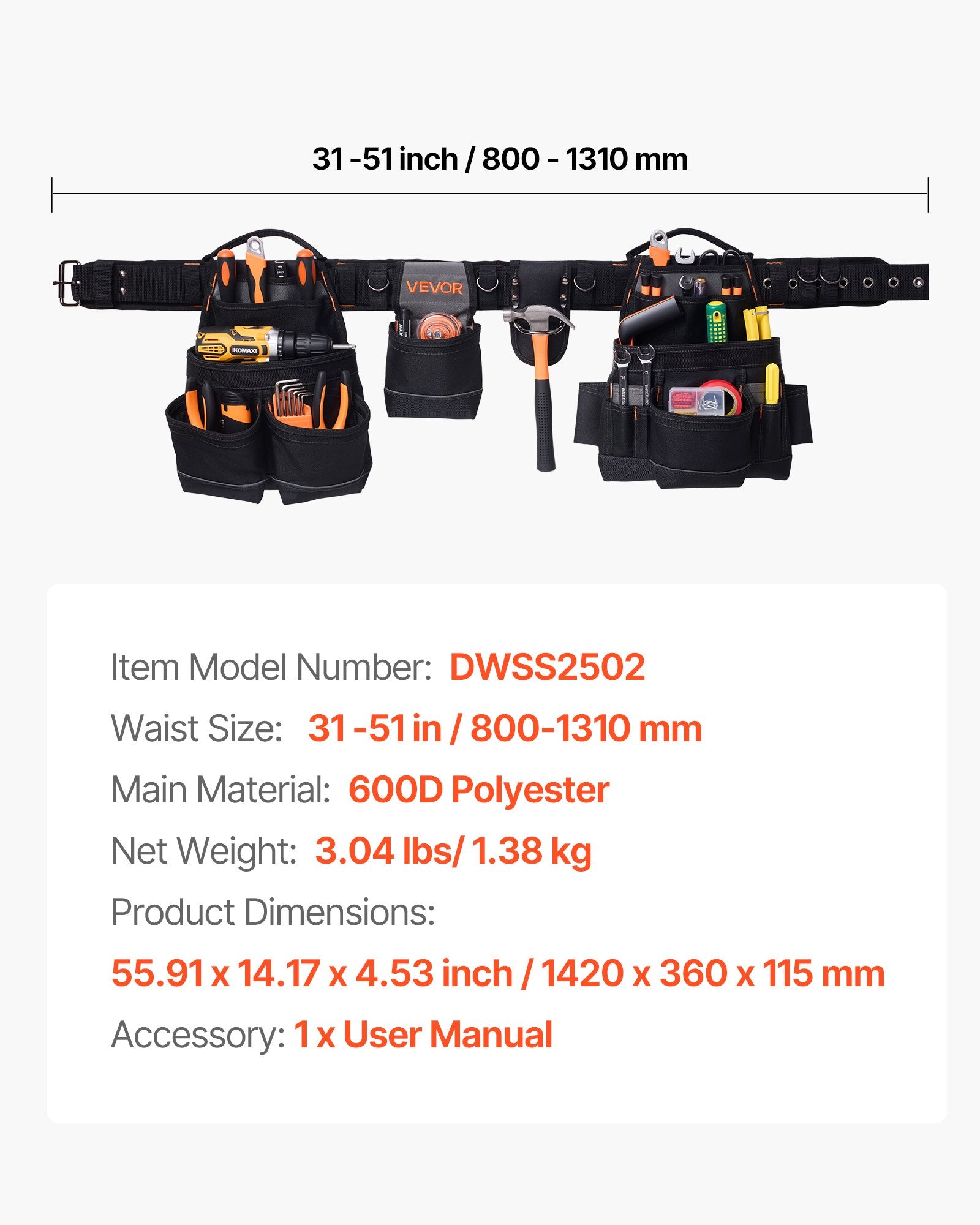VEVOR Tool Belt, 18 Pockets Professional Tool Pouch for Men, Heavy Duty Adjustable Utility Belt Detachable Work Bag for Electrician, Carpenter, Construction, Work Apron Organizer, Adjusts 80-131 cm