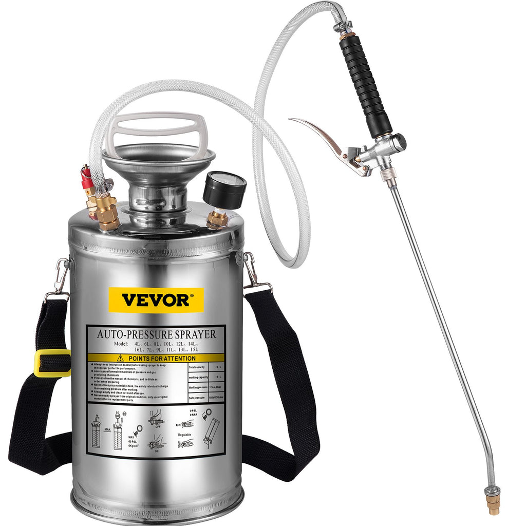 VEVOR 1.5Gal Stainless Steel Sprayer, Set with 16" Wand& Handle& 3.3FT Reinforced Hose, Hand Pump Sprayer with Pressure Gauge&Safety Valve, Adjustable Nozzle Suitable for Gardening& Sanitizing