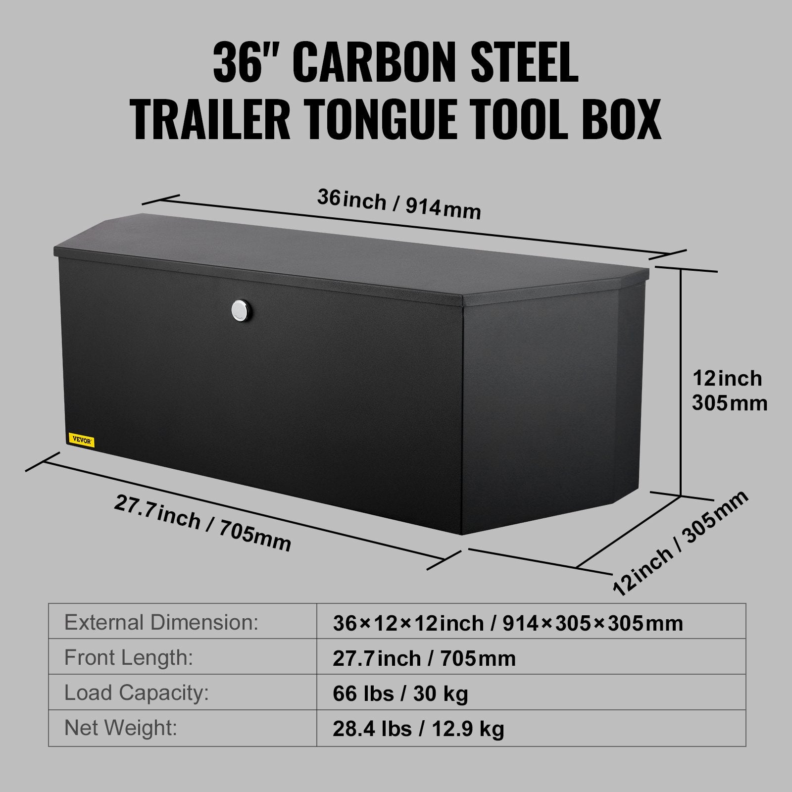 VEVOR Trailer Tongue Box, Carbon Steel Tongue Box Tool Chest, Heavy Duty Trailer Box Storage with Lock and Keys, Utility Trailer Tongue Tool Box for Pickup Truck Bed, RV Trailer, 91.44cmx30.48 cmx30.4