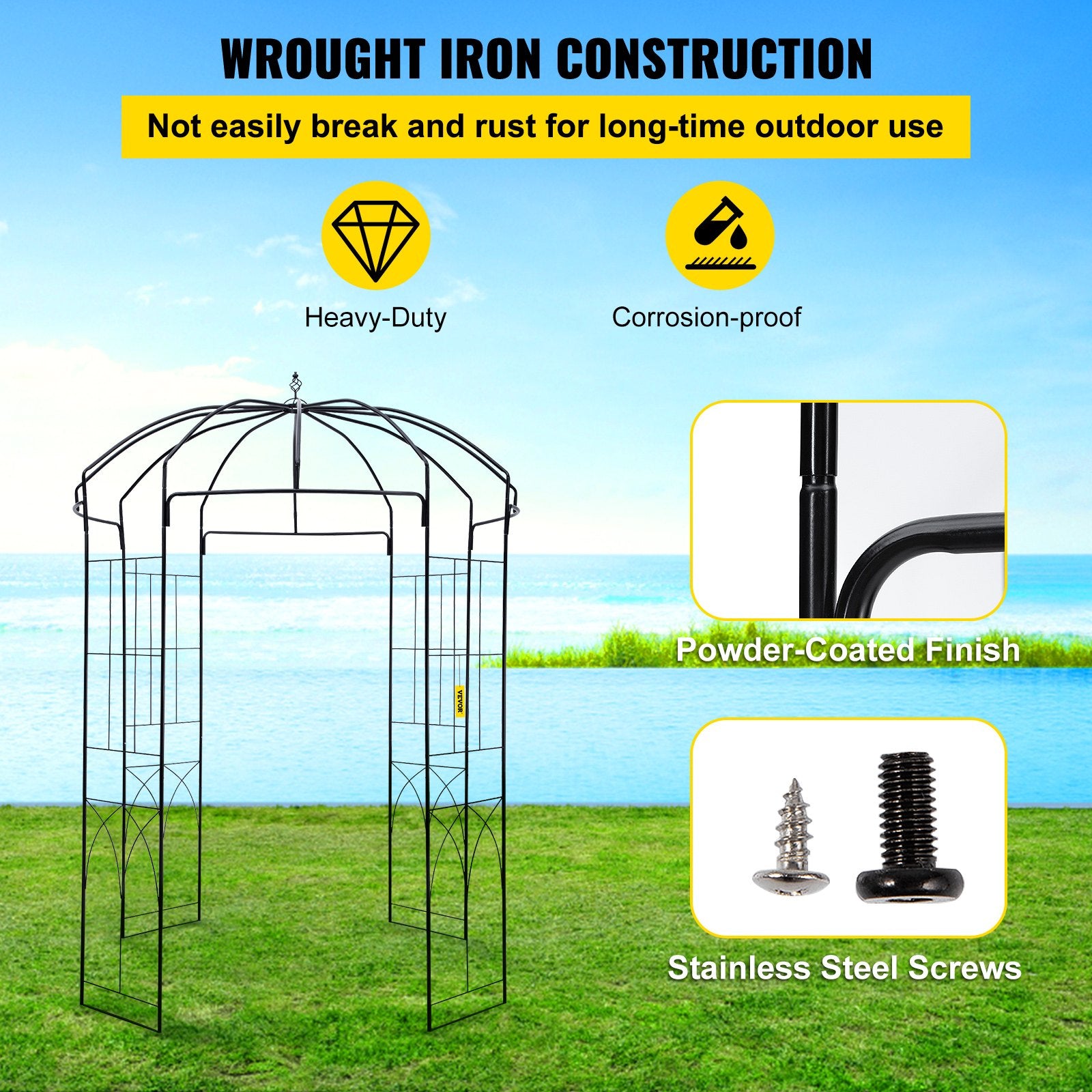 VEVOR Birdcage Shape Garden Arbor, 9\' High x 6.6\' Wide, Heavy Duty Wrought Iron Arbor, Wedding Arch Trellis for Climbing Vines in Outdoor Garden, Lawn, Backyard, Patio, Black