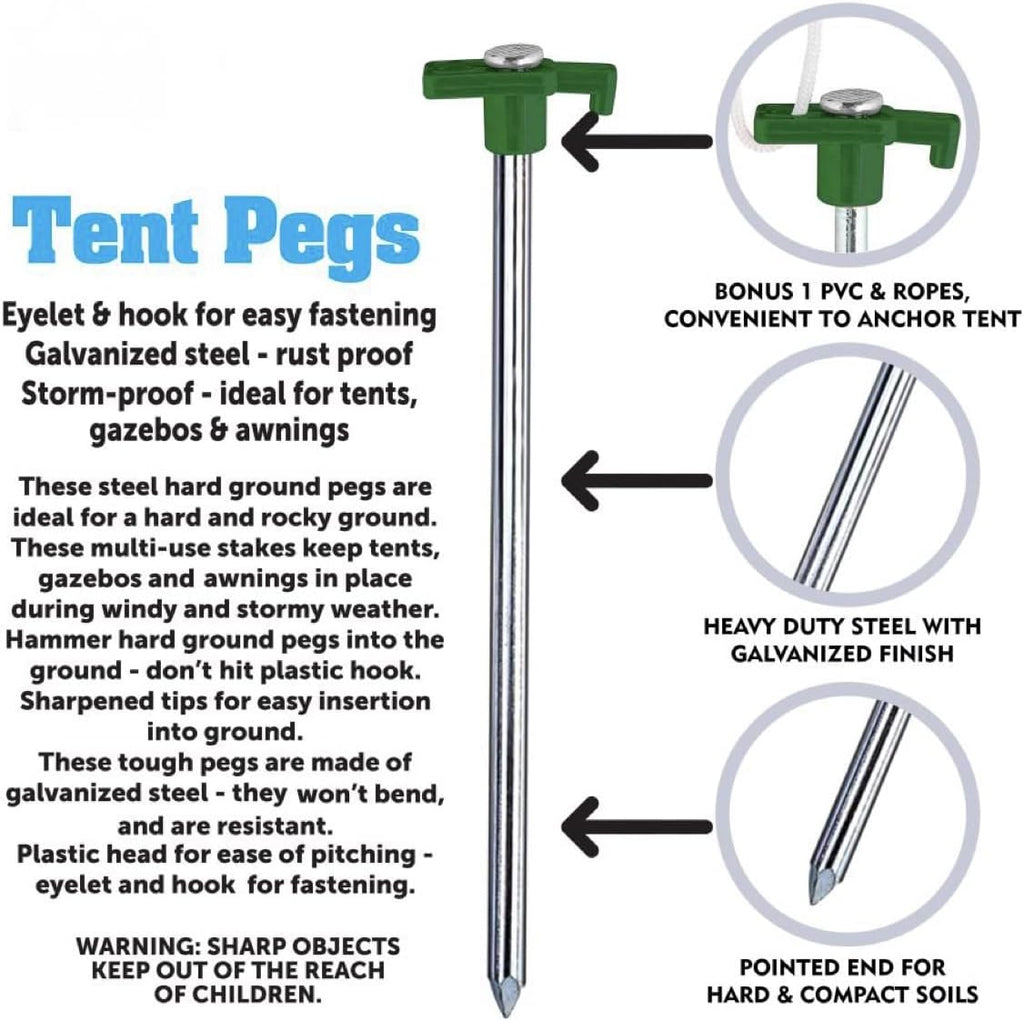 Heavy-Duty Storm Proof 10 Pack Galvanized Steel Rust Proof Tent Pegs