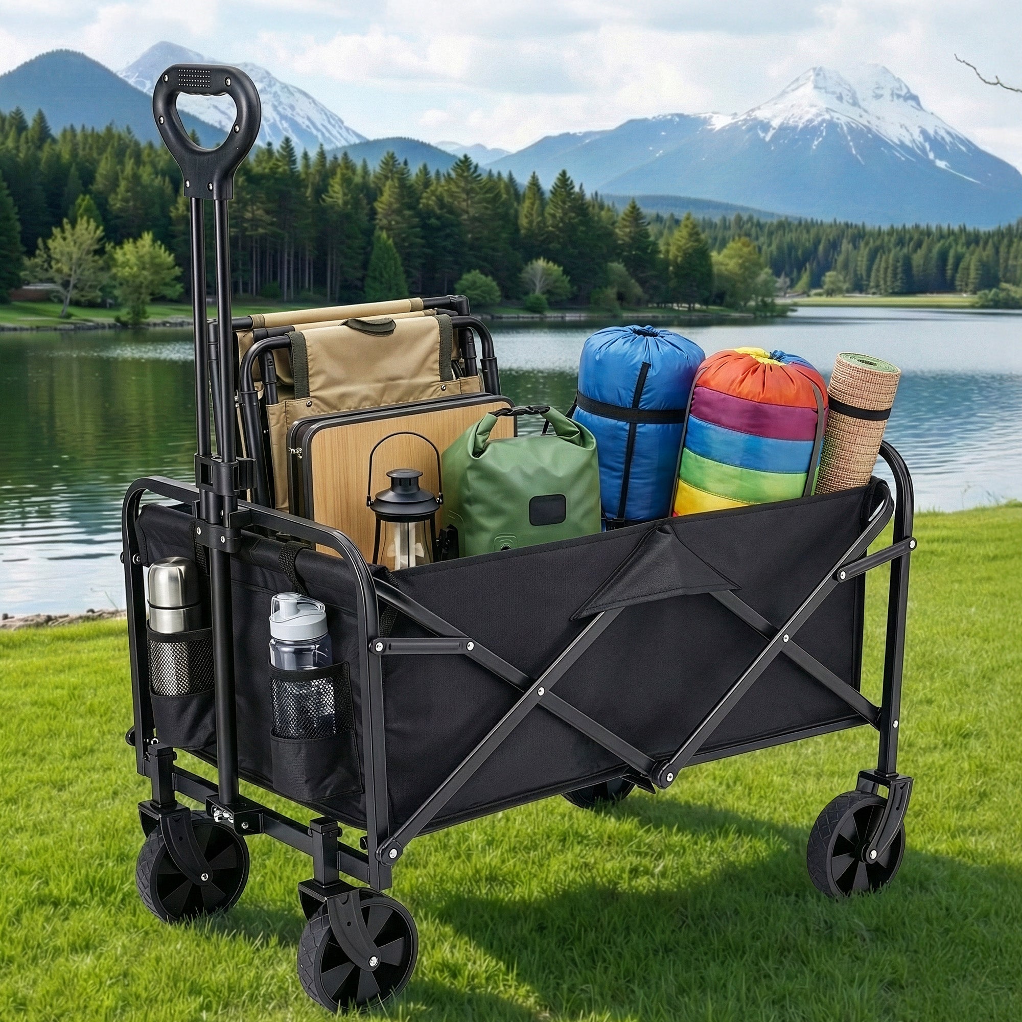 Gardeon Garden Cart Folding Trolley Camping Wagon Barrow Outdoor Beach Black