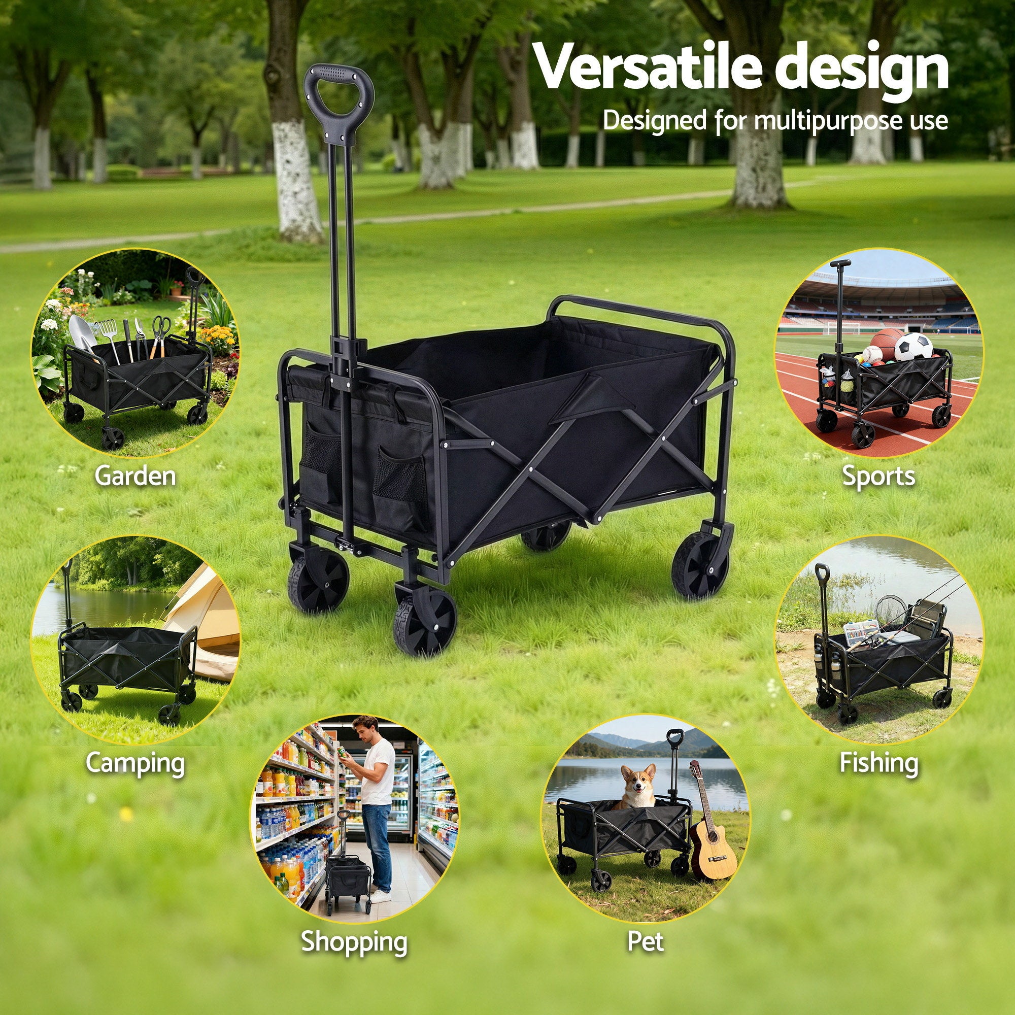 Gardeon Garden Cart Folding Trolley Camping Wagon Barrow Outdoor Beach Black
