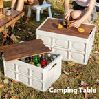 Gardeon Collapsible Outdoor Storage Box 50L Stackable Folding Camping Organizer Plywood Lid Beige